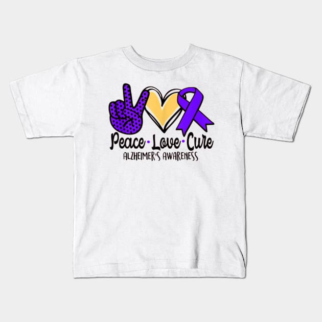 Peace Love Cure Alzheimer Awareness Men Women Kids Kids T-Shirt by StuSpenceart